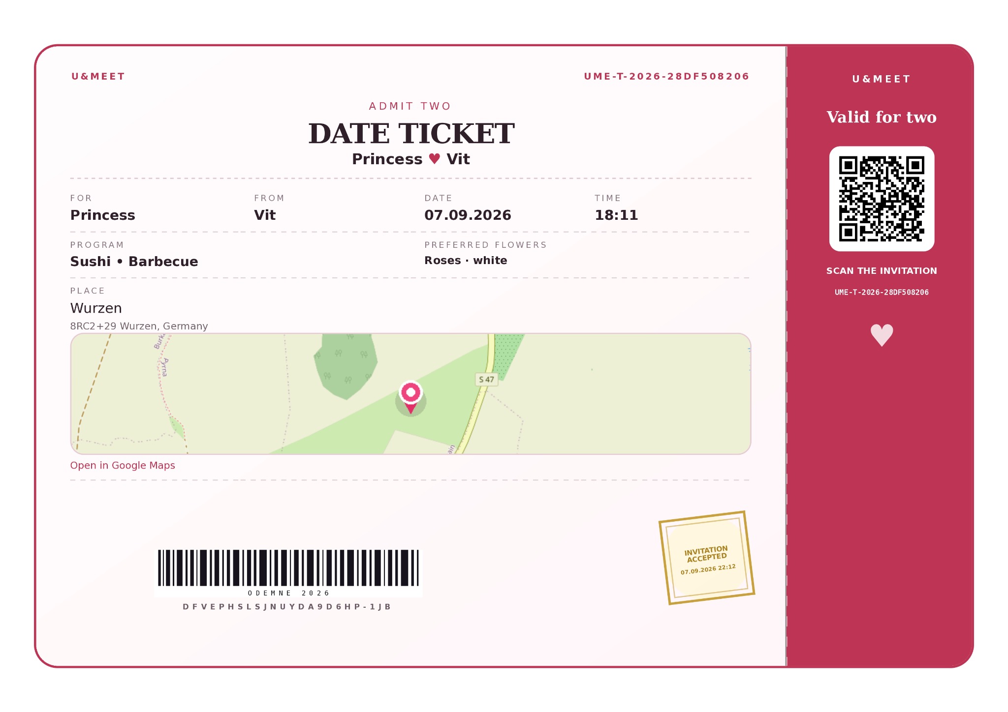 Example U&MEET date ticket